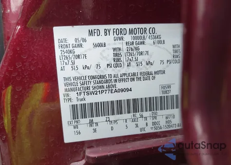 2007 Ford F-250 Lariat/Xl/Xlt из США, поврежденный, VIN 1FTSW21P77EA09094